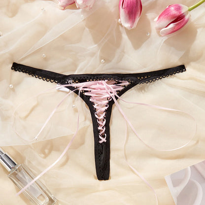 Ladies Super Sexy Lace up Thongs Lingerie Black Strap Crochet Trim Pink Bandage Lace up Panties Sexy Exposed Erotic G-Strings
